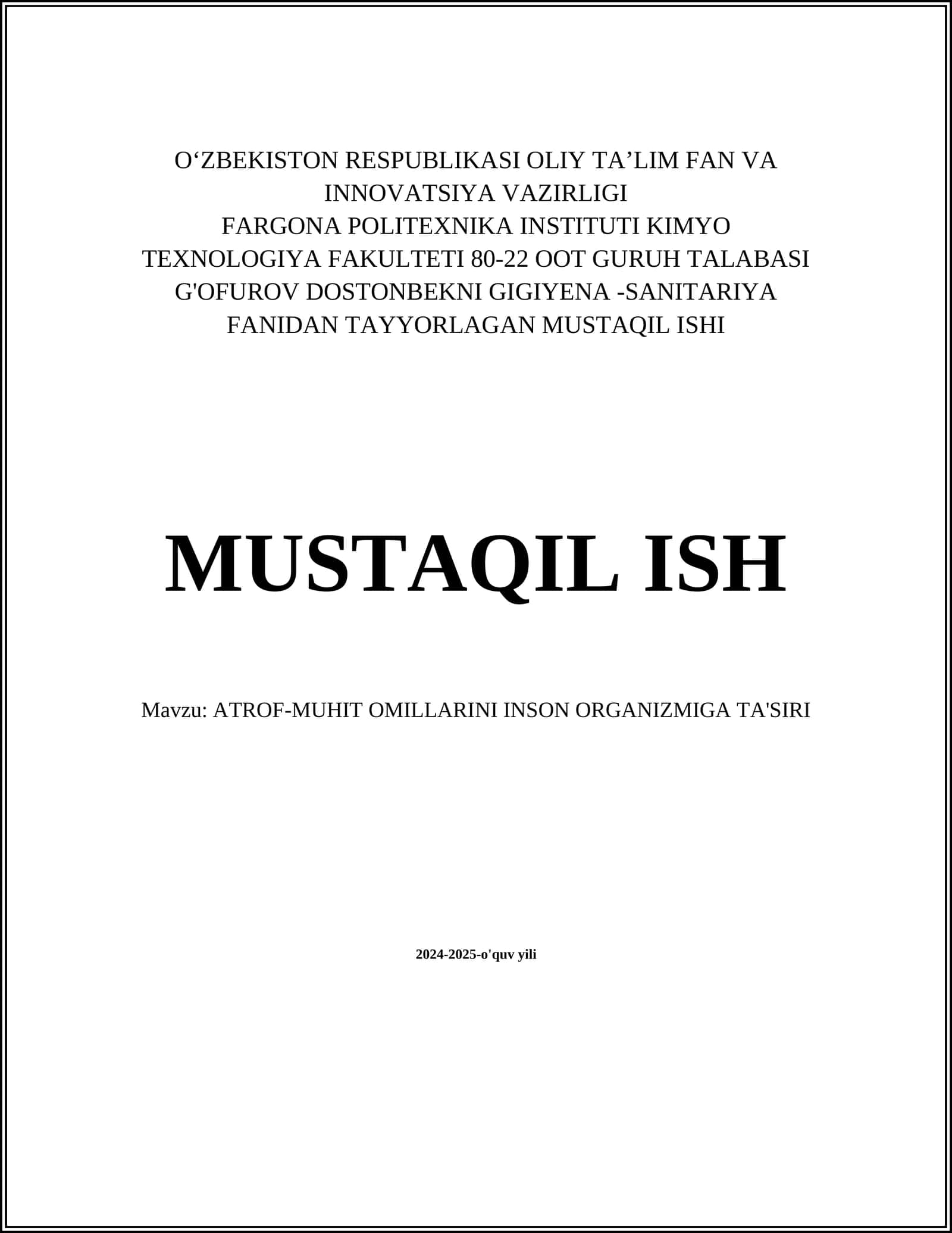 GIGIYENA - SANITARIYA FANIDAN TAYYORLAGAN MUSTAQIL ISHI