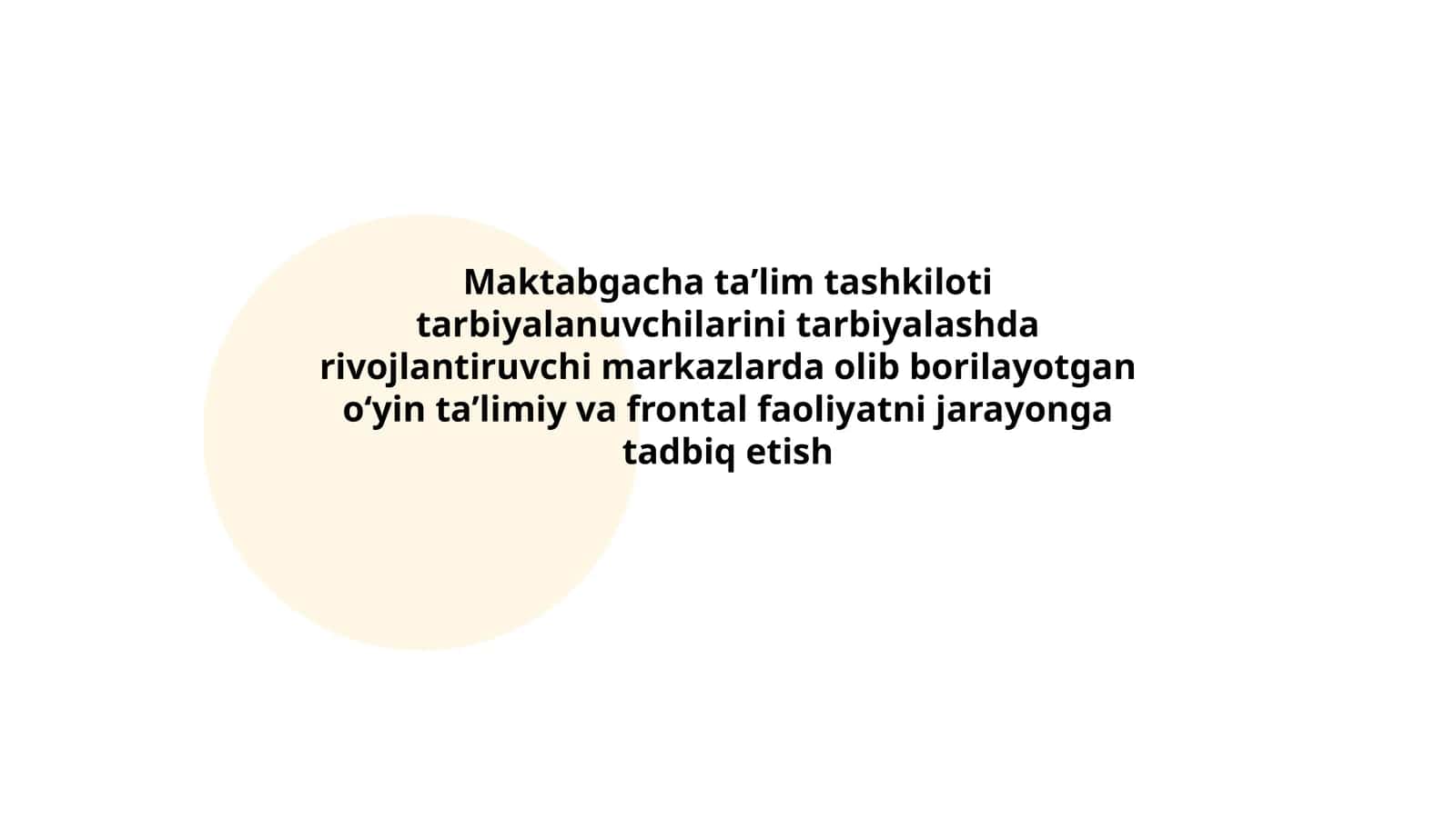 Maktabgacha taʼlim tashkiloti tarbiyalanuvchilarini tarbiyalashda rivojlantiruvchi markazlarda olib borilayotgan oʻyin taʼlimiy va frontal faoliyatni jarayonga tadbiq etish