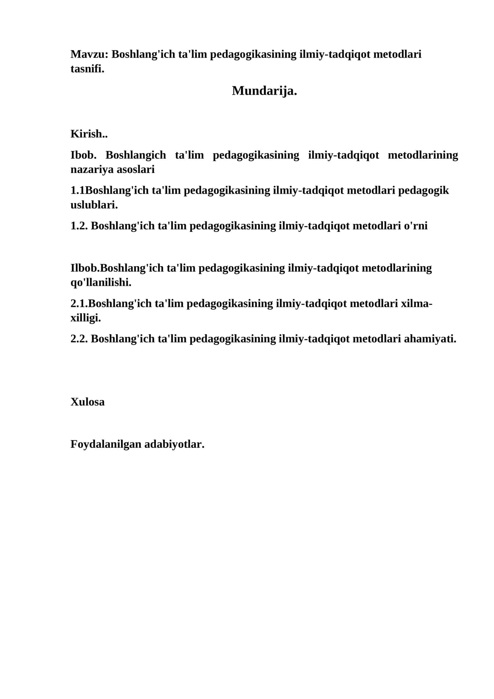 Boshlang'ich ta'lim pedagogikasining ilmiy-tadqiqot metodlari tasnifi
