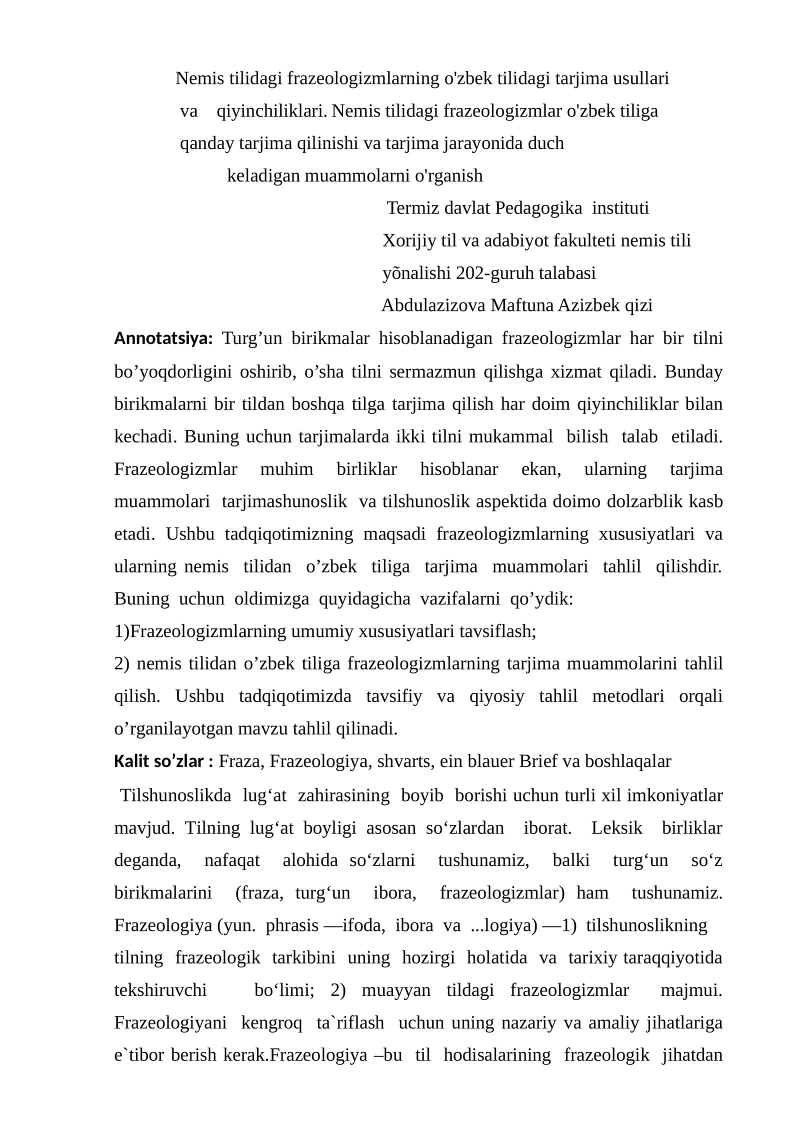 Nemis tilidagi frazeologizmlarning o'zbek tilidagi tarjima usullari va qiyinchiliklari