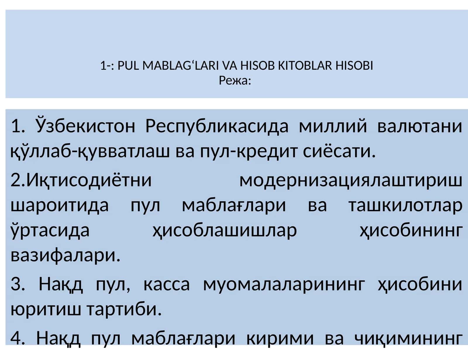 PUL MABLAG‘LARI VA HISOB KITOBLAR HISOBI
