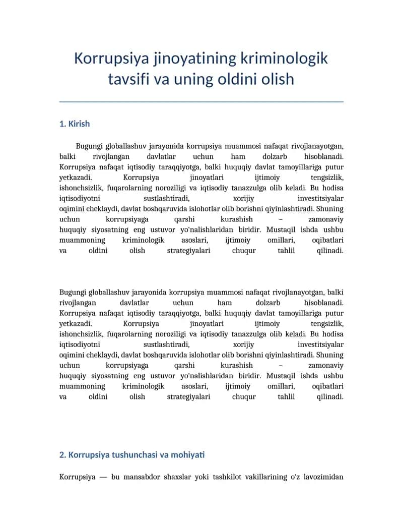 Korrupsiya jinoyatining kriminologik tavsifi va uning oldini olish