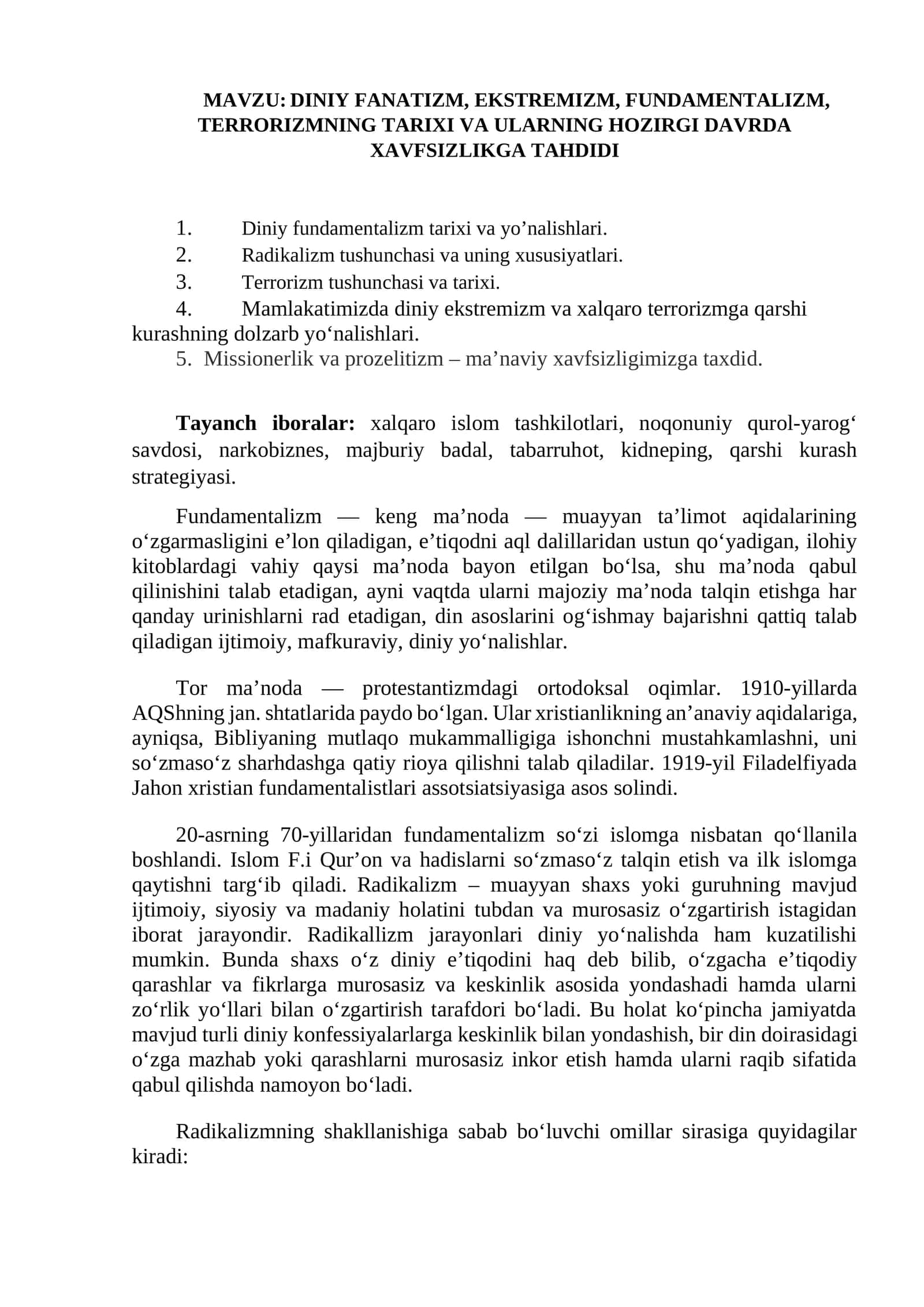 DINIY FANATIZM, EKSTREMIZM, FUNDAMENTALIZM, TERRORIZMNING TARIXI VA ULARNING HOZIRGI DAVRDA XAVFSIZLIKGA TAHDIDI