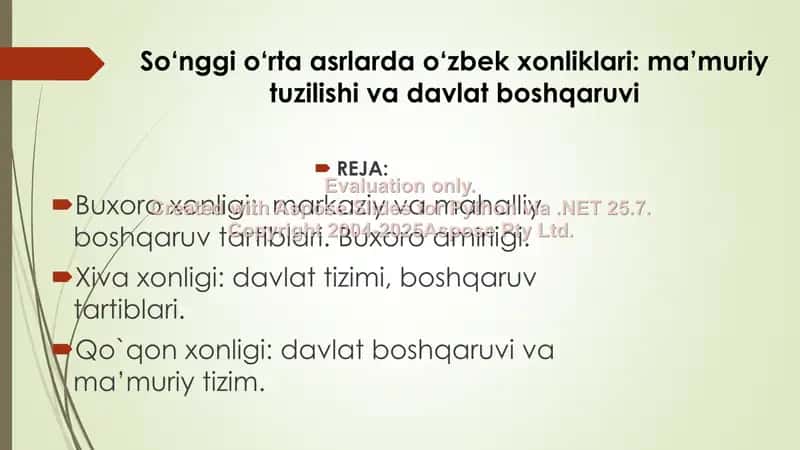 So‘nggi o‘rta asrlarda o‘zbek xonliklari ma’muriy tuzilishi va davlat boshqaruvi