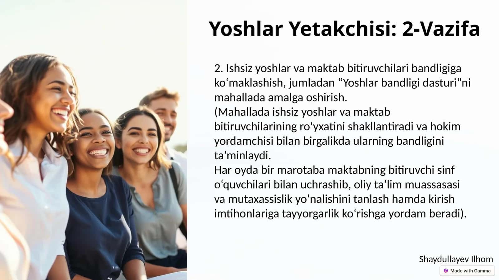 Yoshlar Yetakchisi: 2-Vazifa