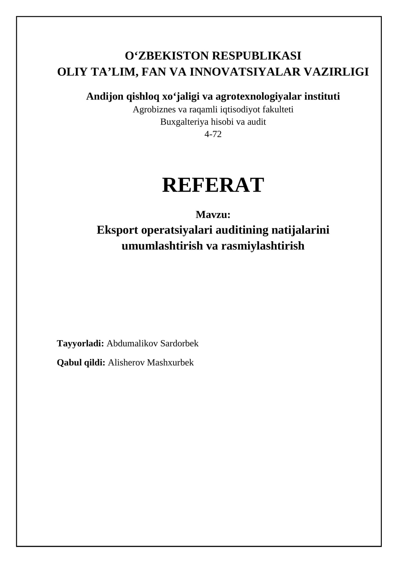 Eksport operatsiyalari auditining asosiy natijalari va xulosalari