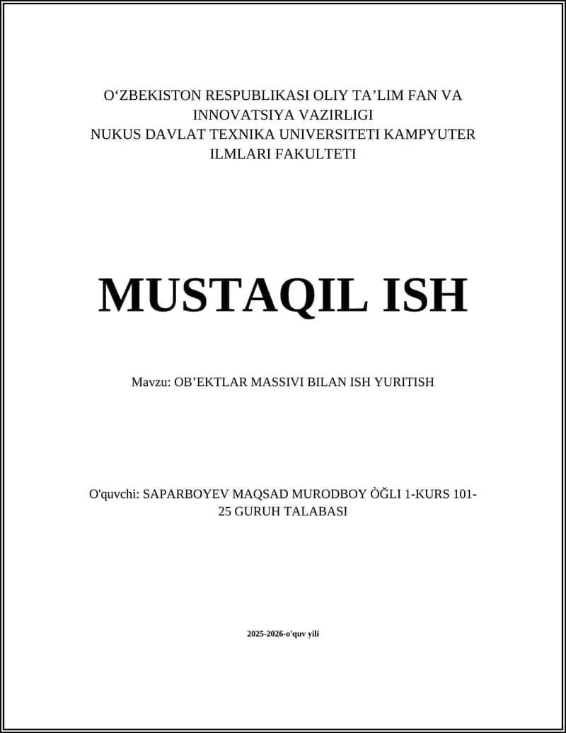 Ob'ektlar massivini yaratish va boshlang'ich qiymat berish