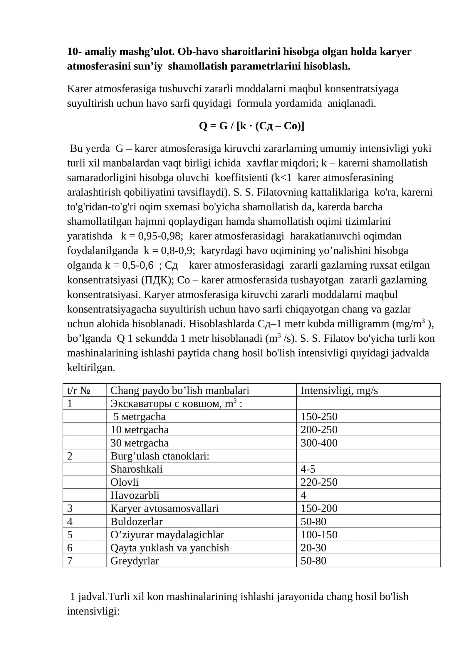 Havo Sarfi Va Karyer Atmosferasi Parametrlarini Hisoblash