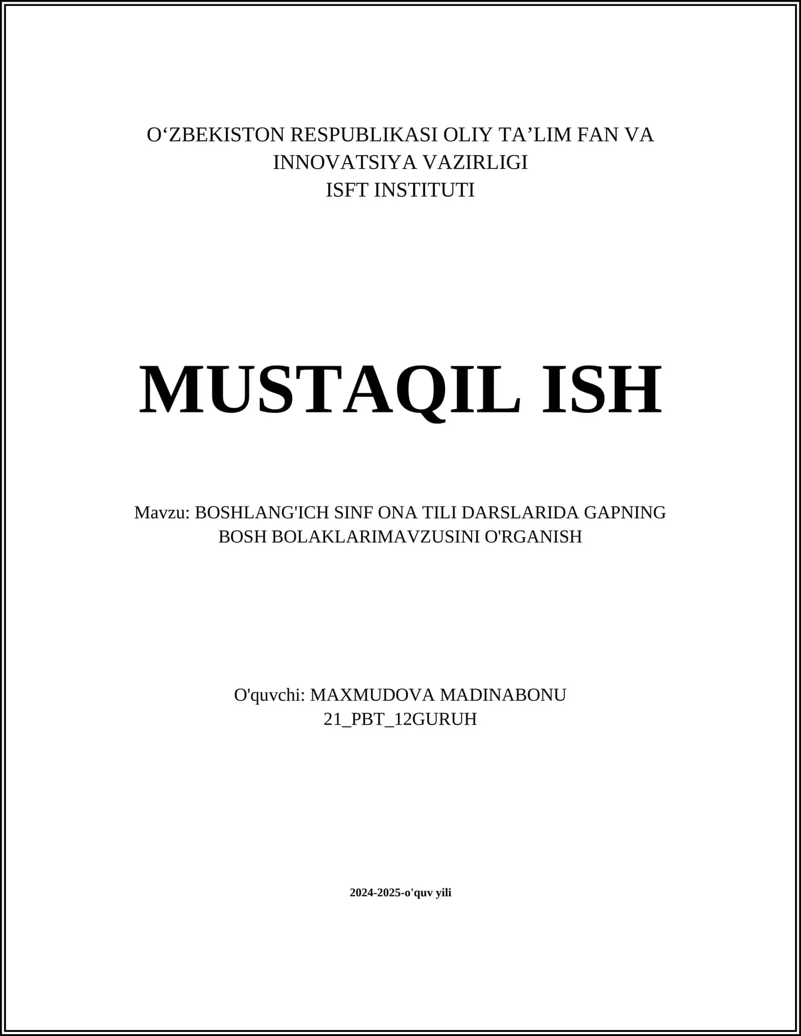 BOSHLANG'ICH SINF ONA TILI DARSLARIDA GAPNING BOSH BOLAKLARIMAVZUSINI O'RGANISH