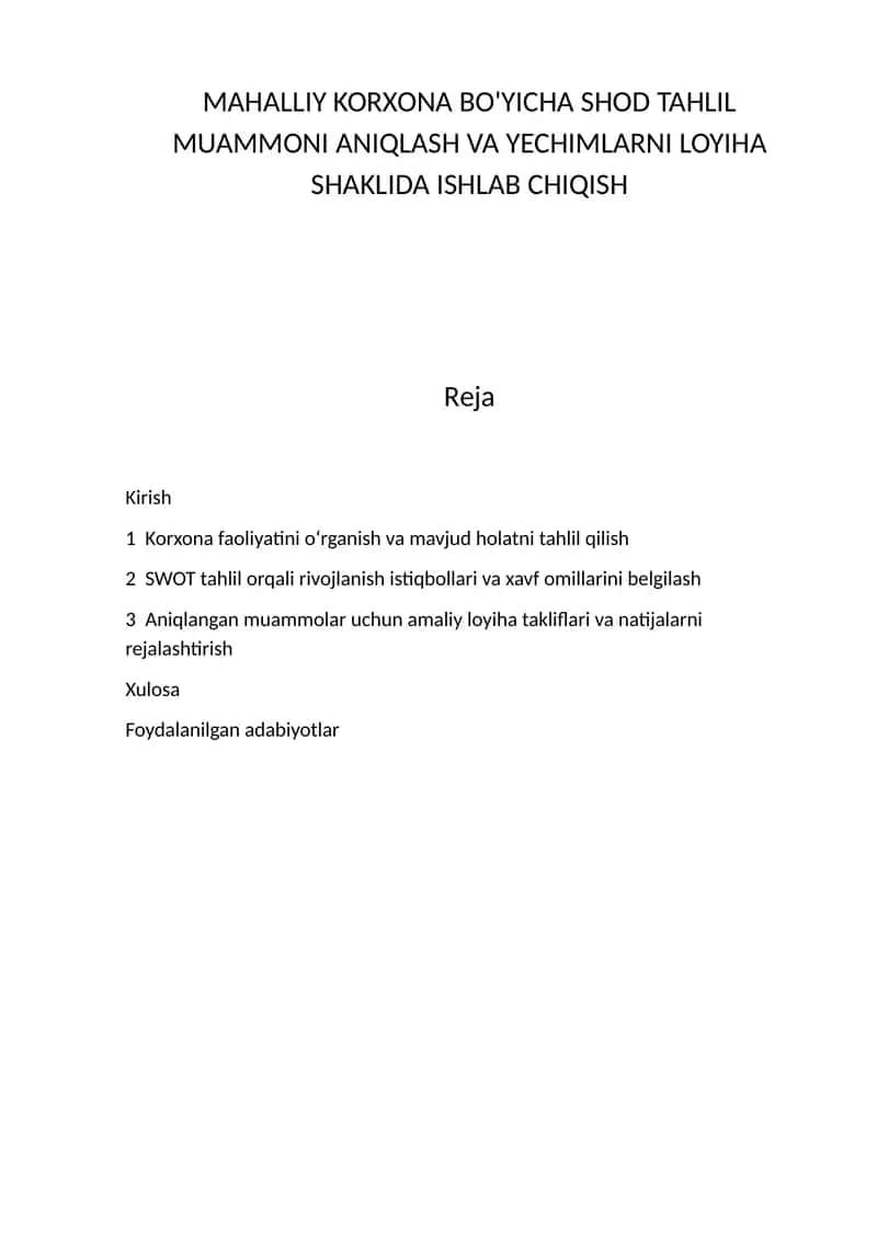 MAHALLIY KORXONA BO'YICHA SHOD TAHLIL MUAMMONI ANIQLASH VA YECHIMLARNI LOYIHA SHAKLIDA ISHLAB CHIQISH