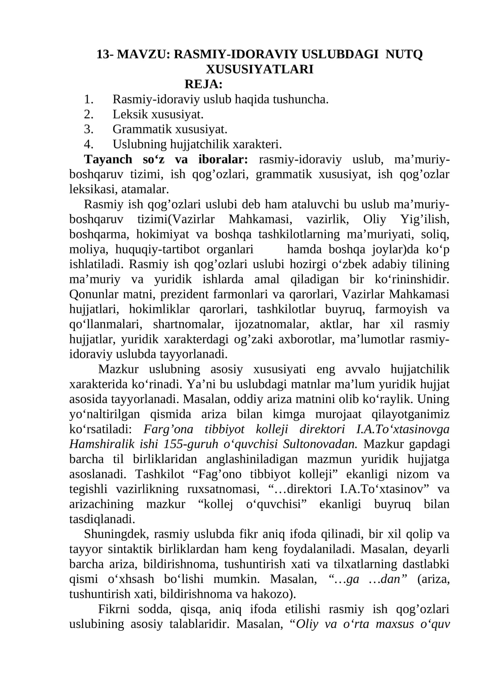 Rasmiy-Idoraviy Uslubdagi Nutq Xususiyatlari