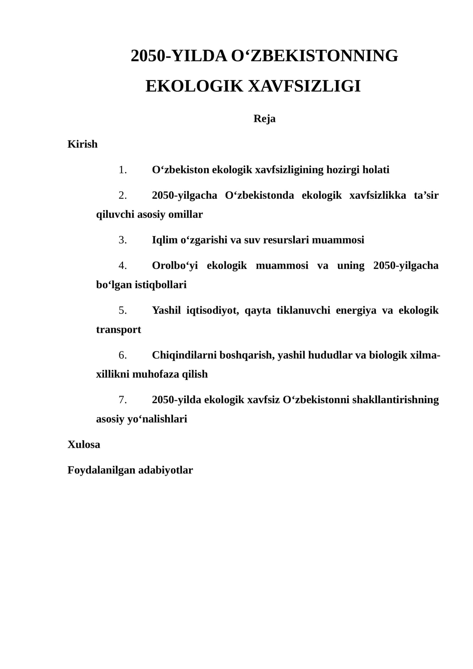 2050-YILDA O‘ZBEKISTONNING EKOLOGIK XAVFSIZLIGI