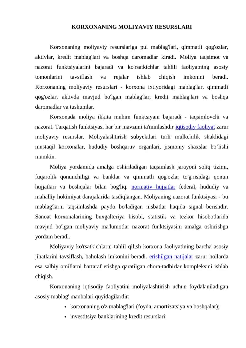 Korxonaning Moliyaviy Resurslari
