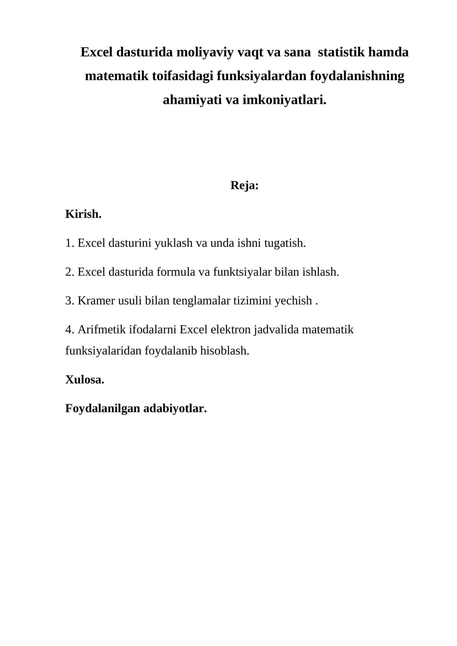 Excel dasturi bilan ishlash qo'llanmasi