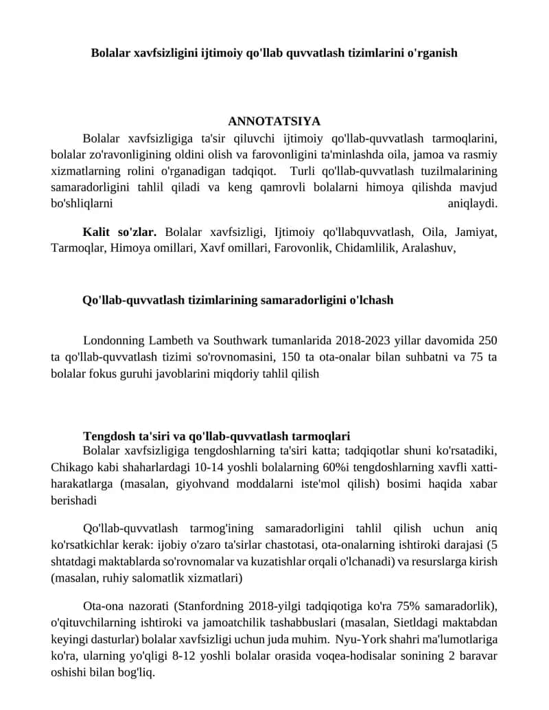 Bolalar xavfsizligini ijtimoiy qo'llab quvvatlash tizimlarini o'rganish