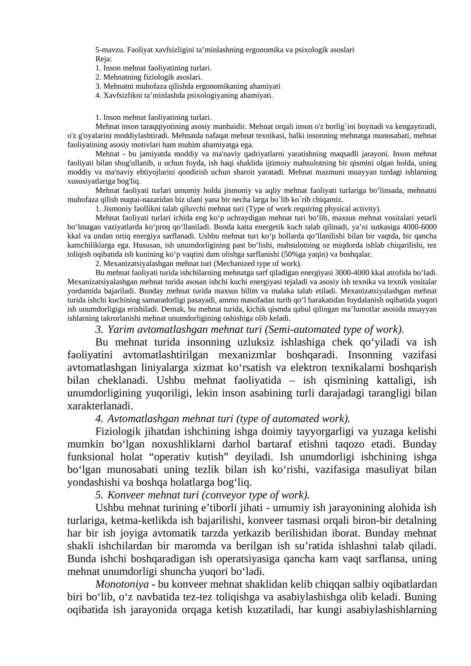 Faoliyat xavfsizligini ta’minlashning ergonomika va psixologik asoslari