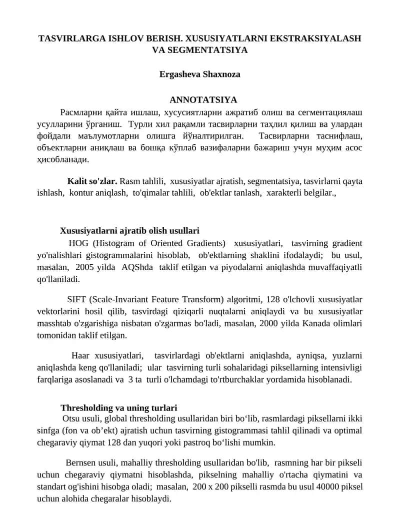 TASVIRLARGA ISHLOV BERISH. XUSUSIYATLARNI EKSTRAKSIYALASH VA SEGMENTATSIYA