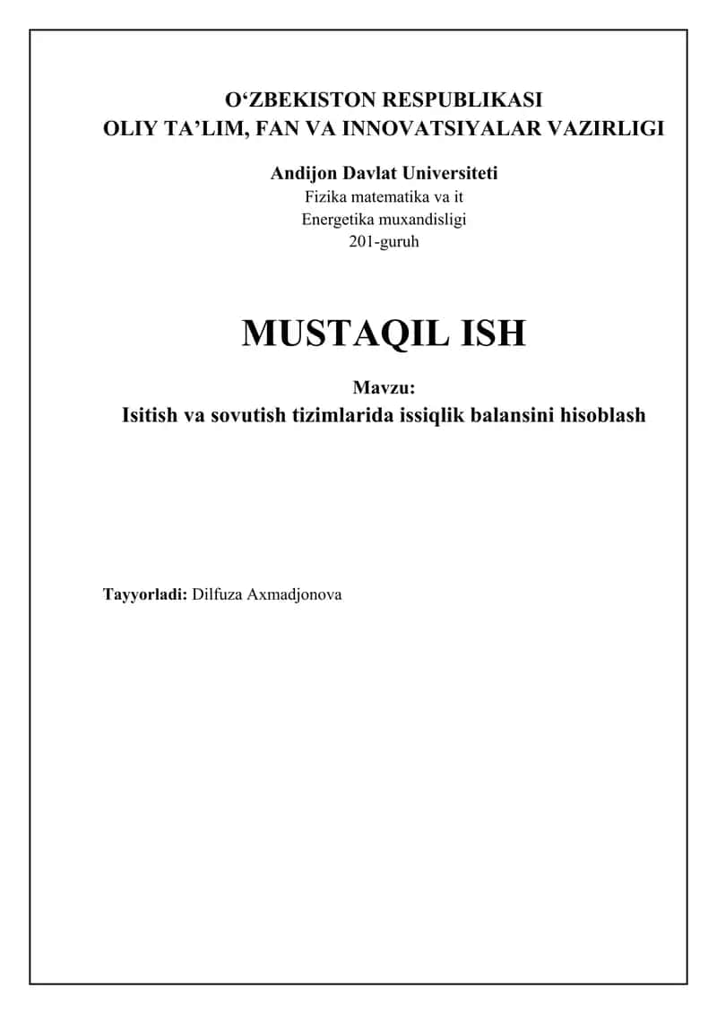 Isitish va sovutish tizimlarida issiqlik balansini hisoblash