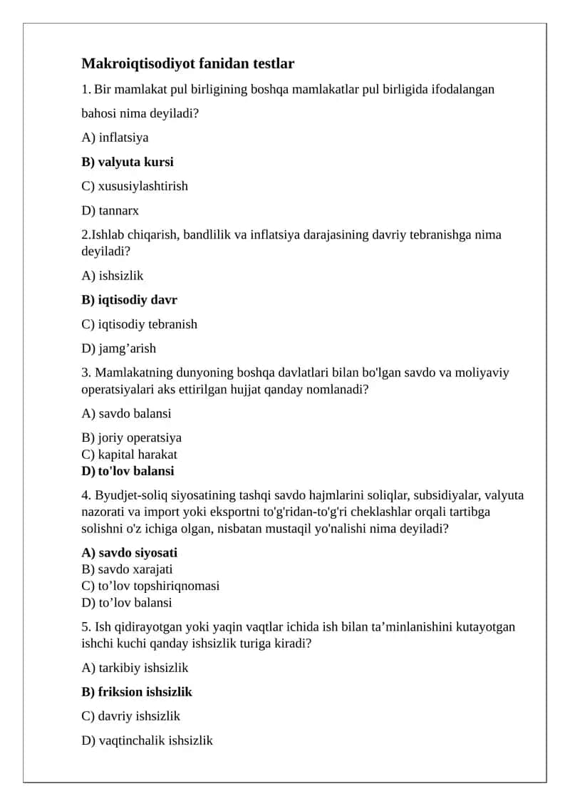 Makroiqtisodiyot fanidan testlar