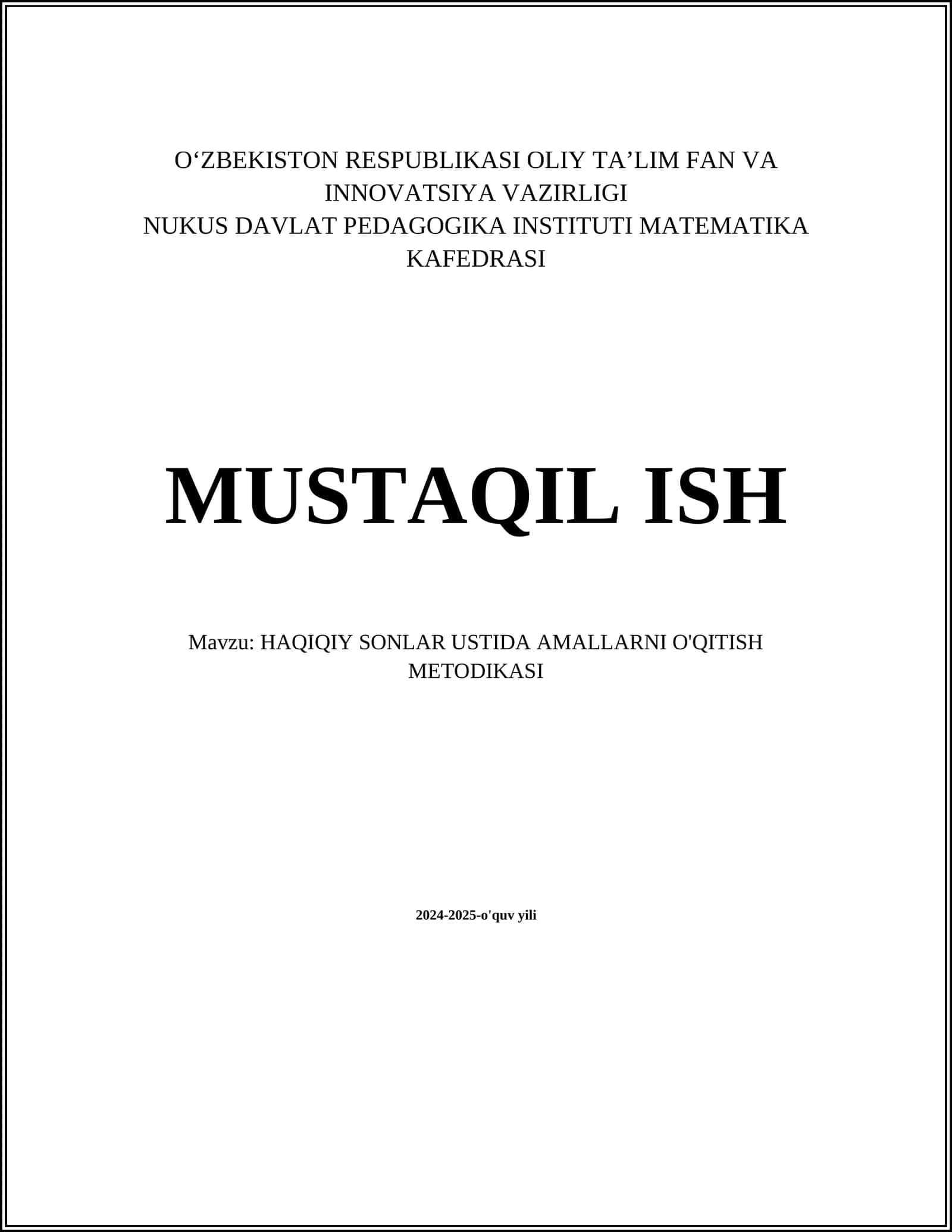 HAQIQIY SONLAR USTIDA AMALLARNI O'QITISH METODIKASI