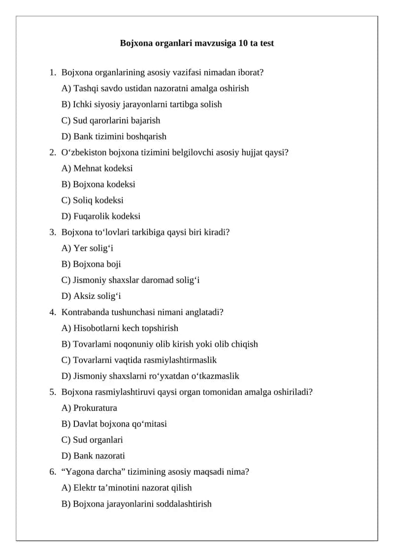 Bojxona organlari mavzusiga 10 ta test