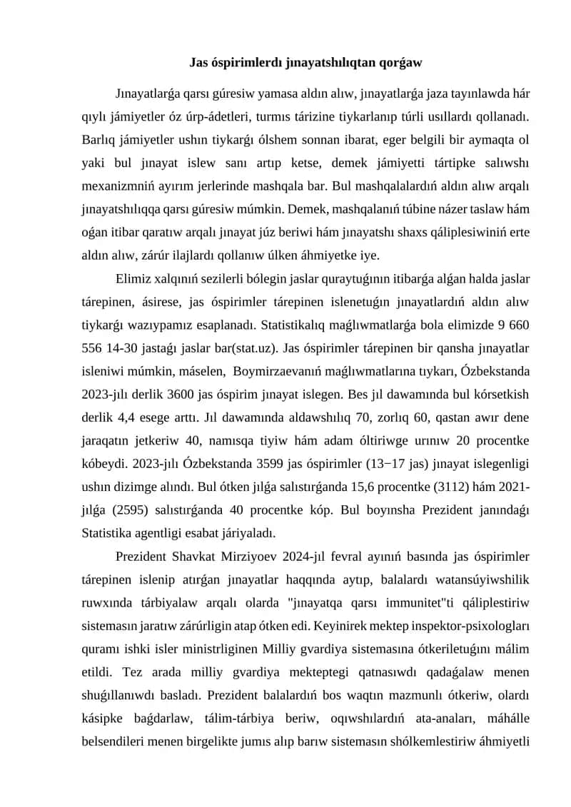 Jas óspirimlerdı jınayatshılıqtan qorǵaw
