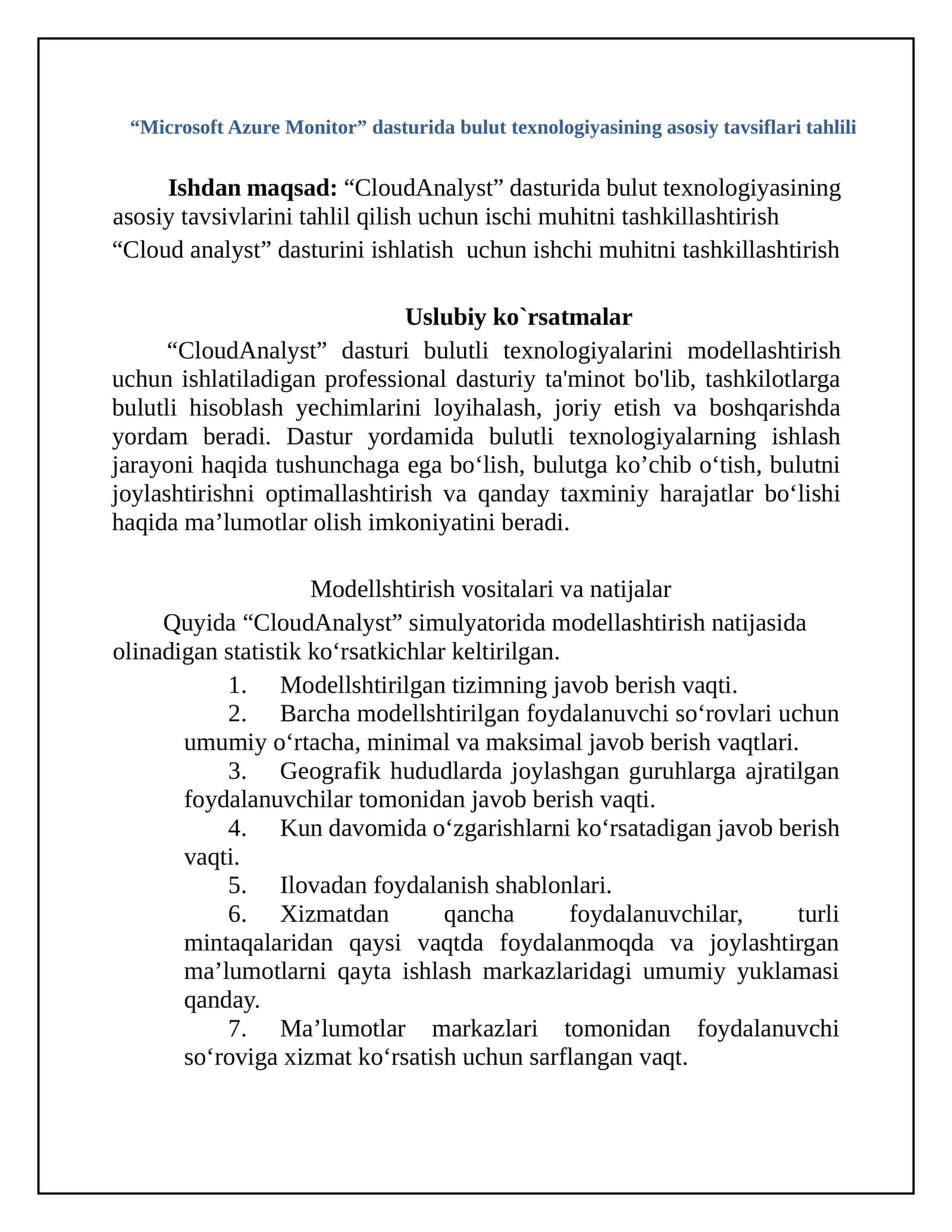 “Microsoft Azure Monitor” dasturida bulut texnologiyasining asosiy tavsiflari tahlili