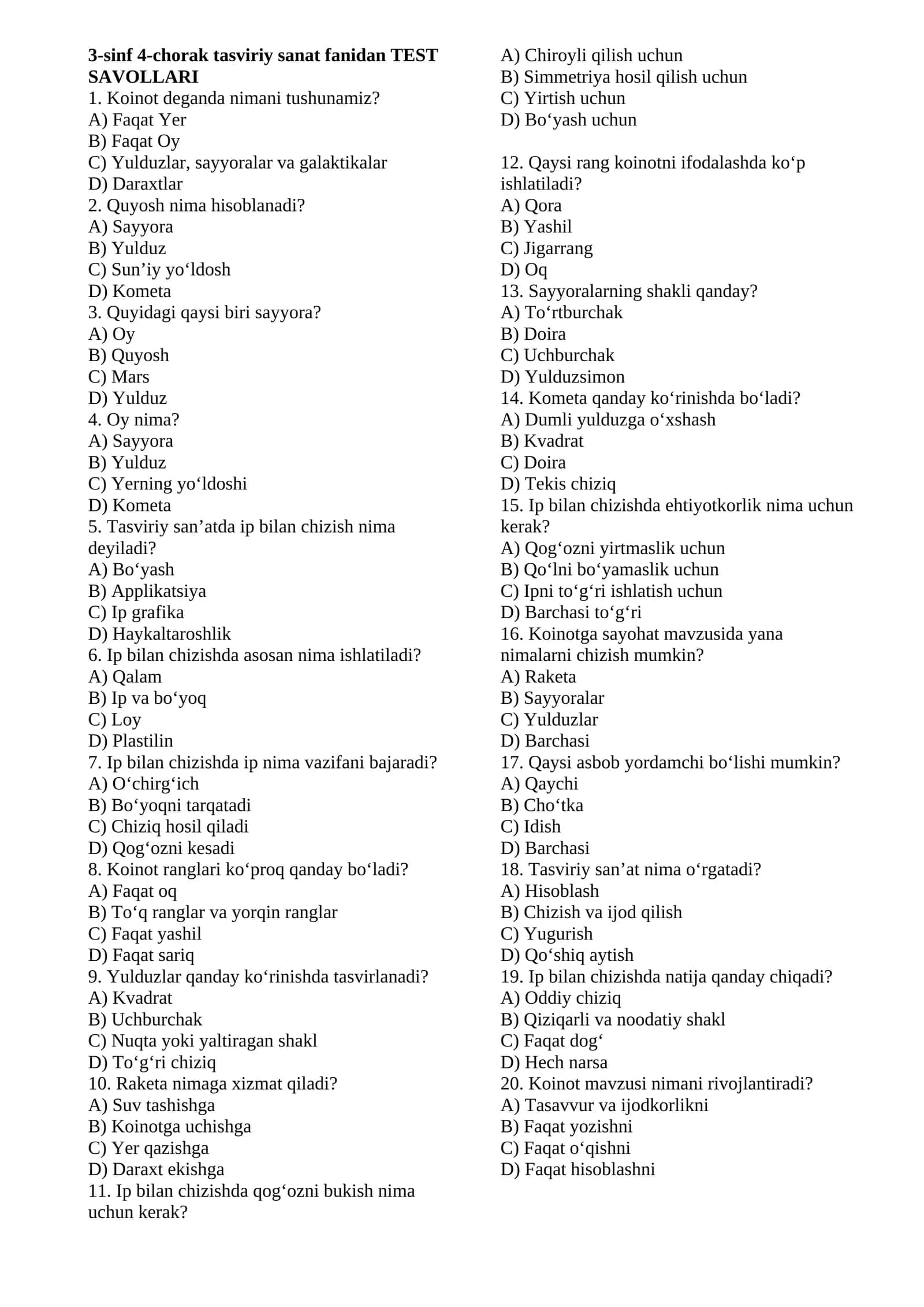 3-4-sinf 4-chorak tasviriy sanat fanidan TEST SAVOLLARI
