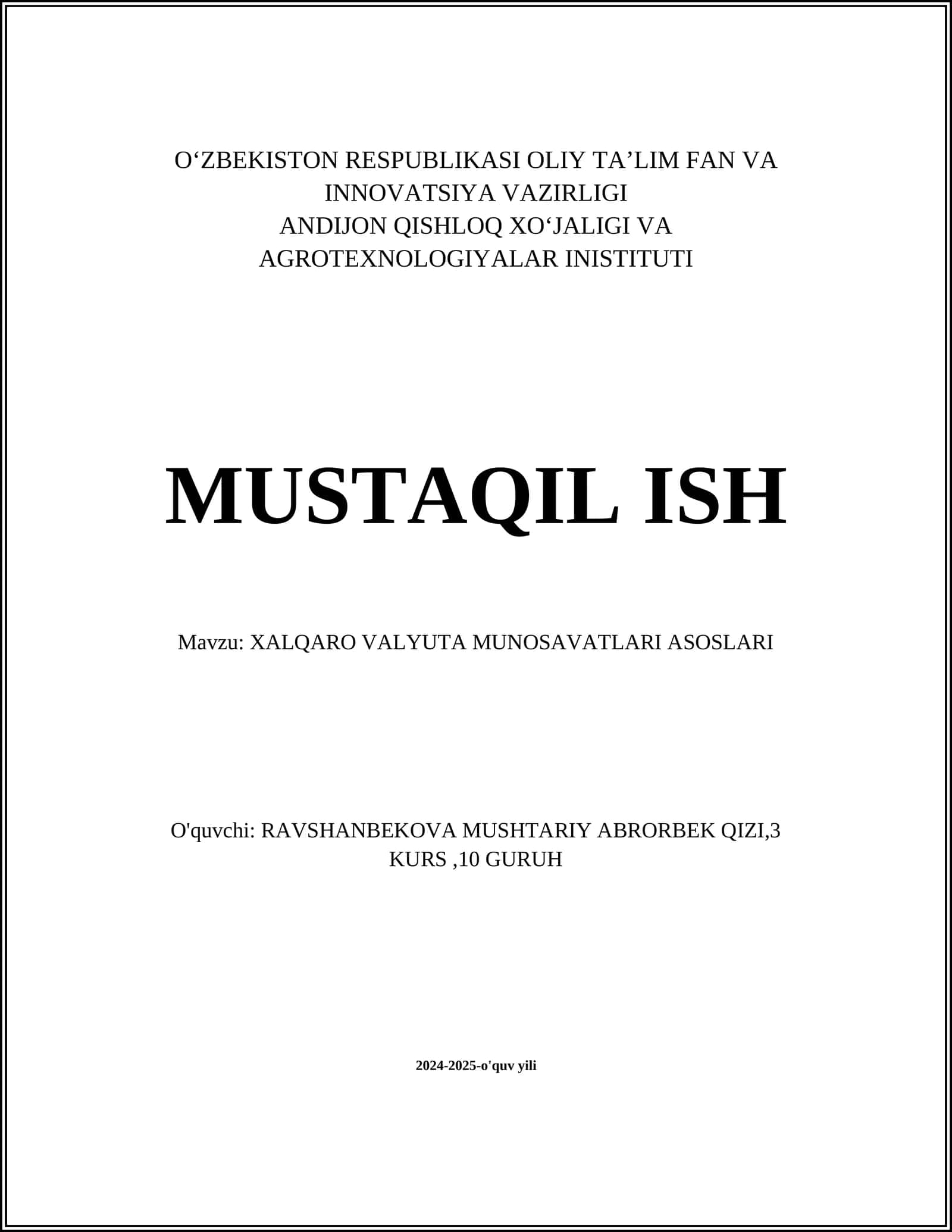 XALQARO VALYUTA MUNOSAVATLARI ASOSLARI