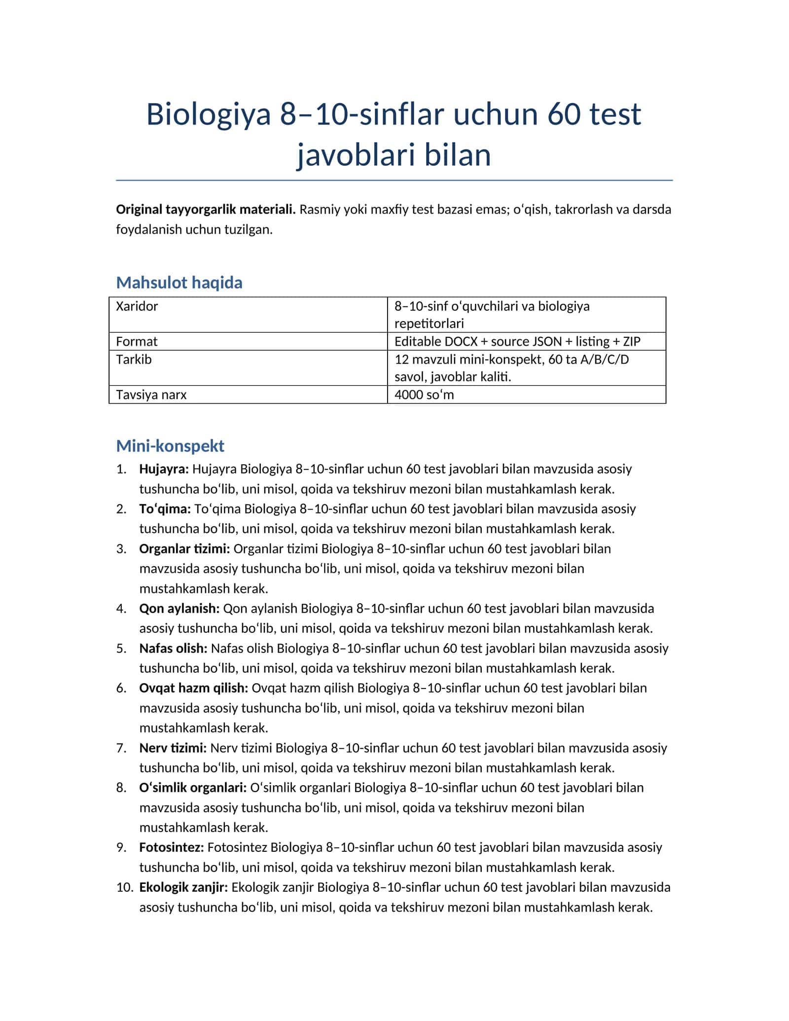 Biologiya 8–10-sinflar uchun 60 test javoblari bilan