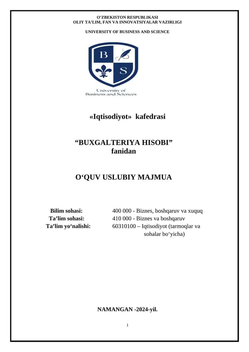 Buxgalteriya Hisobi O'quv Uslubi Majmua