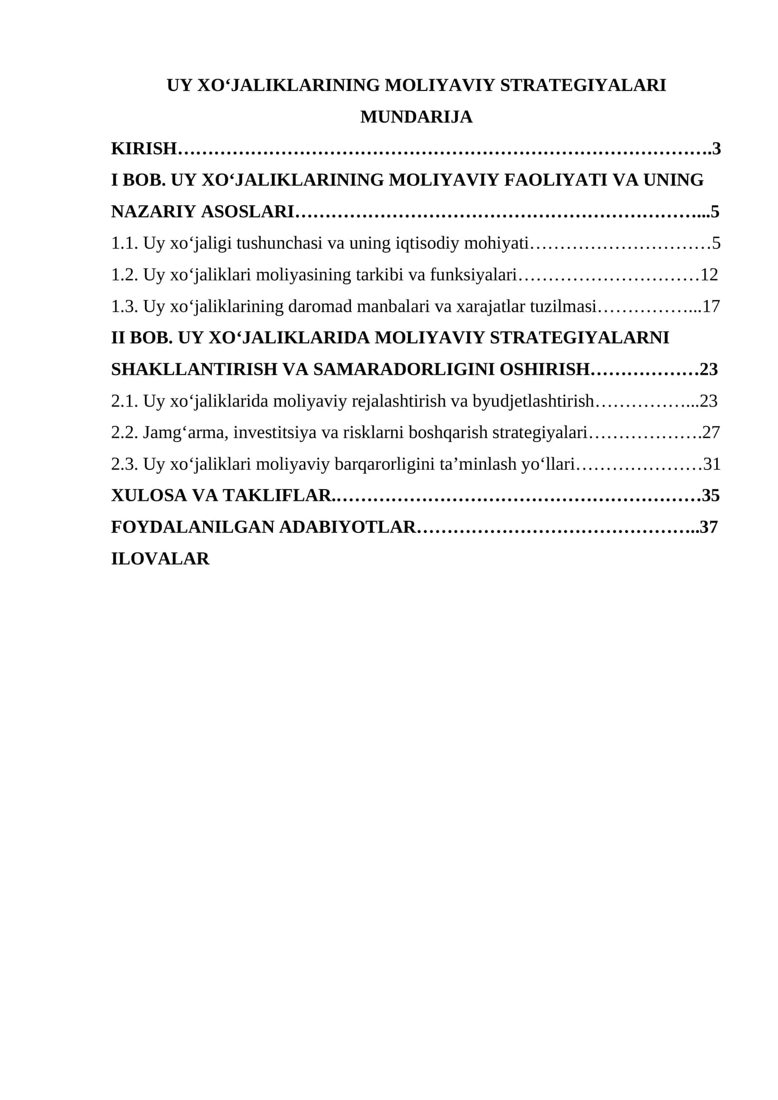 UY XO‘JALIKLARINING MOLIYAVIY STRATEGIYALARI