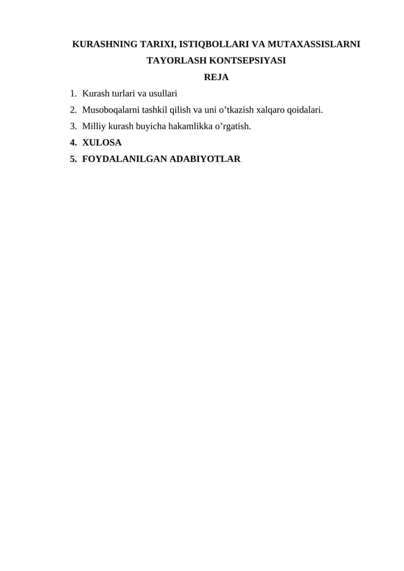 KURASHNING TARIXI, ISTIQBOLLARI VA MUTAXASSISLARNI TAYORLASH KONTSEPSIYASI