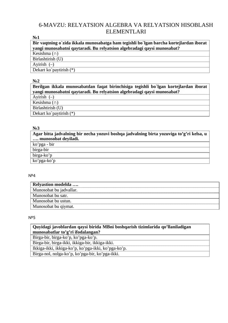 RELYATSION ALGEBRA VA RELYATSION HISOBLASH ELEMENTLARI