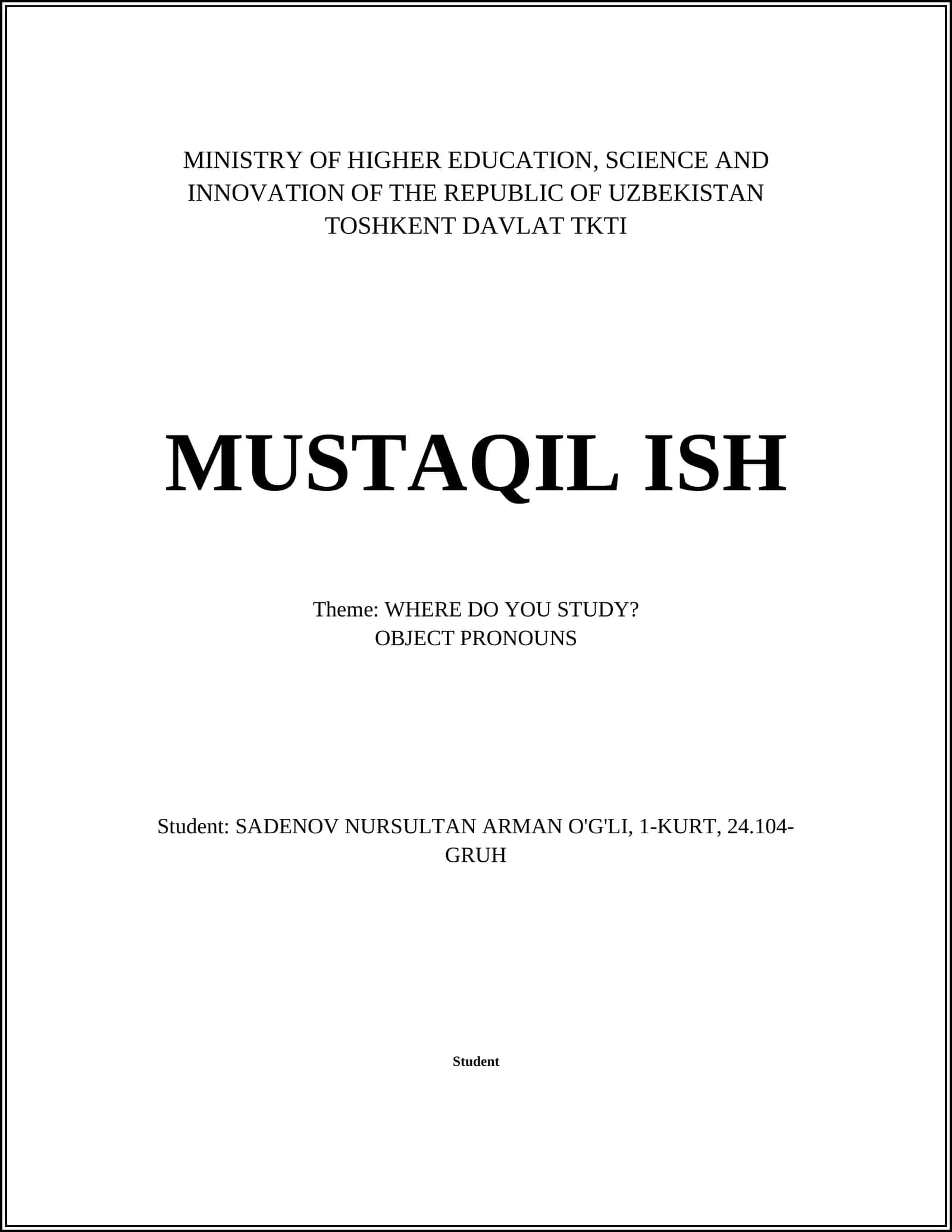 TOSHKENT DAVLAT TKTI MUSTAQIL ISH