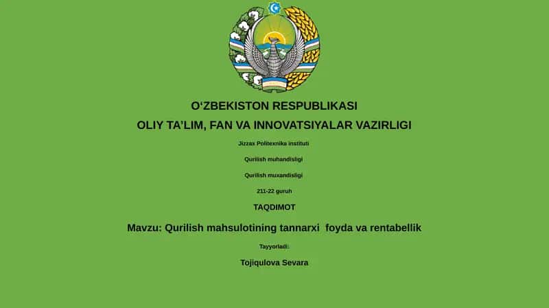 Qurilish mahsulotining tannarxi foyda va rentabellik
