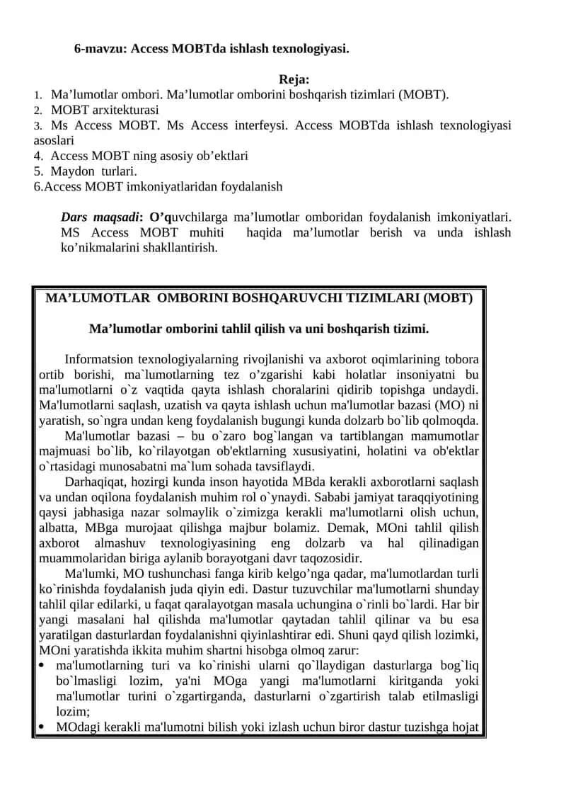 Access MOBTda ishlash texnologiyasi