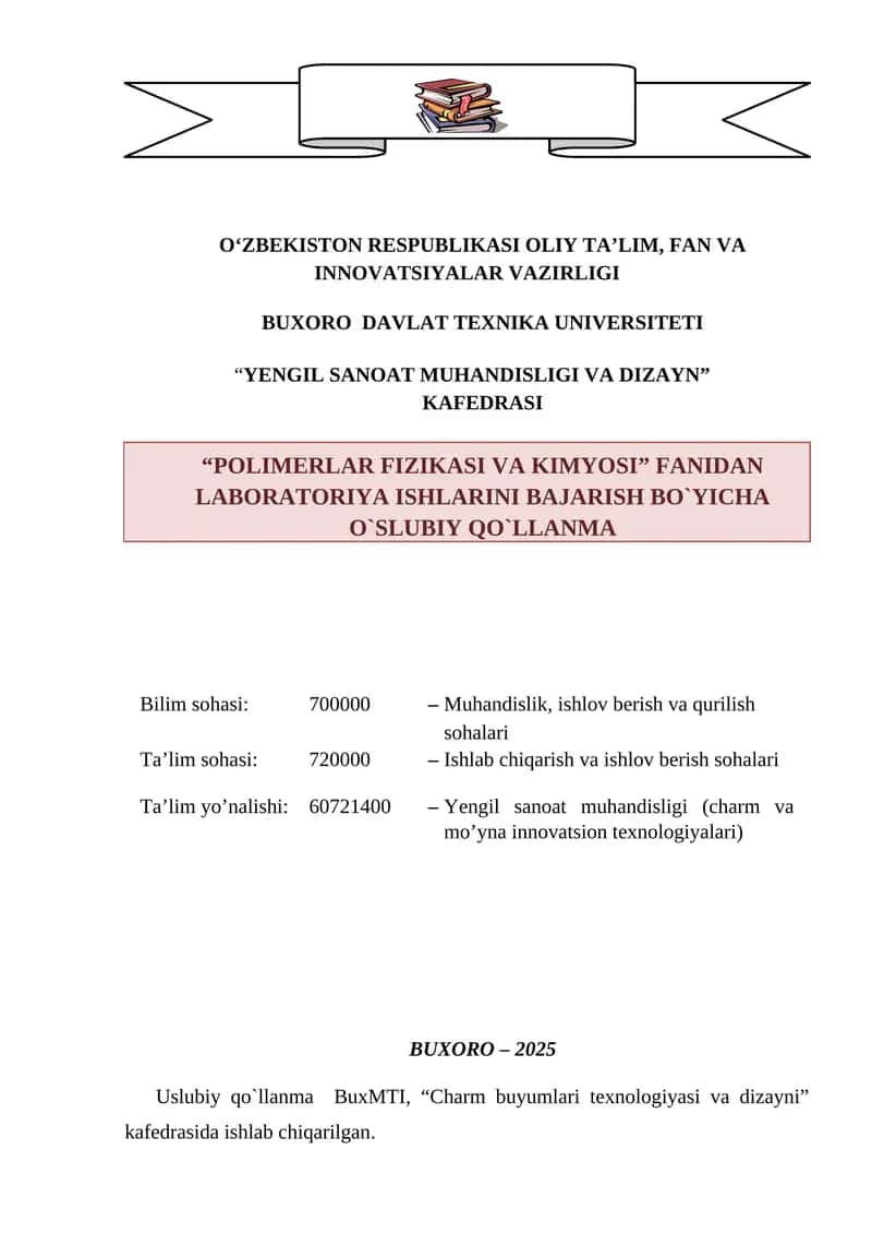 Uslubiy qo`llanma BuxMTI, “Charm buyumlari texnologiyasi va dizayni” kafedrasida ishlab chiqarilgan