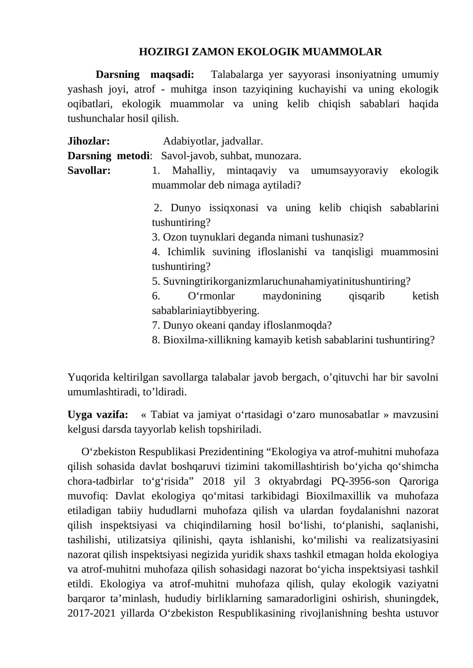HOZIRGI ZAMON EKOLOGIK MUAMMOLAR