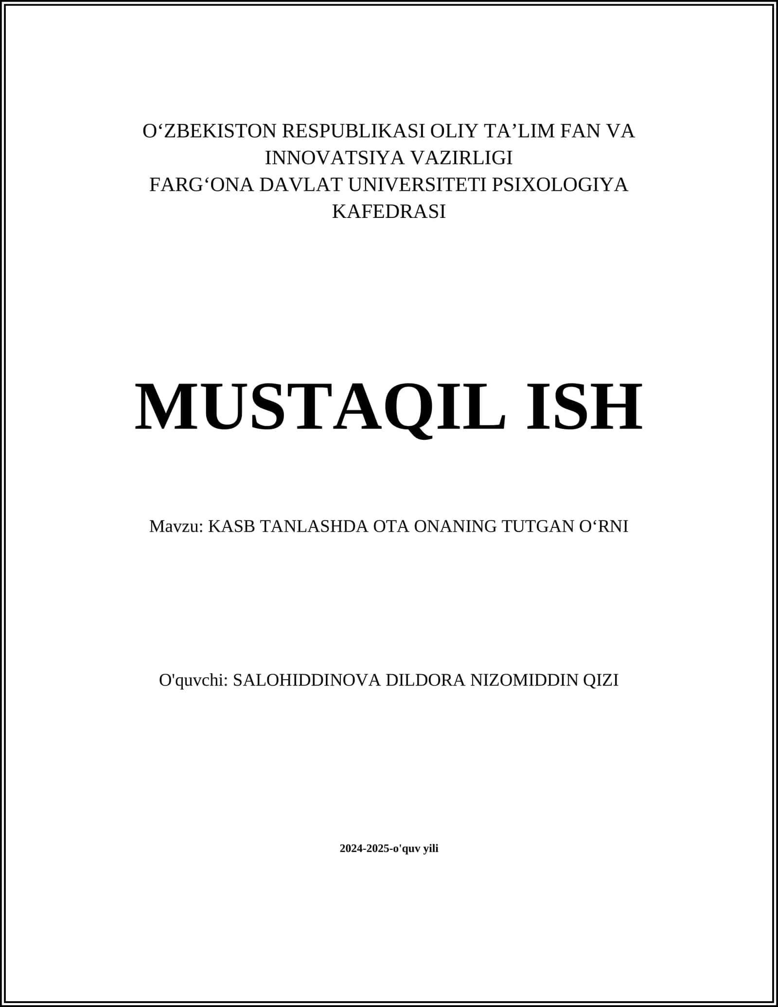 KASB TANLASHDA OTA ONANING TUTGAN OʻRNI