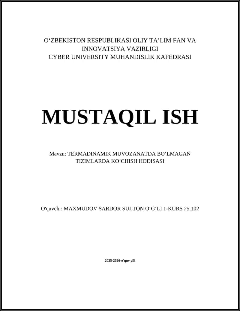 TERMADINAMIK MUVOZANATDA BOʻLMAGAN TIZIMLARDA KOʻCHISH HODISASI