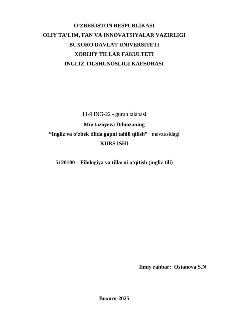 KURS ISHI "Ingliz va o’zbek tilida gapni tahlil qilish"