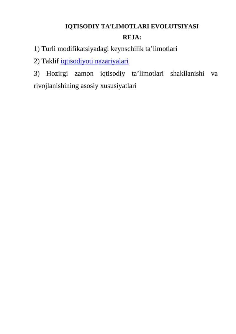 IQTISODIY TA'LIMOTLARI EVOLUTSIYASI