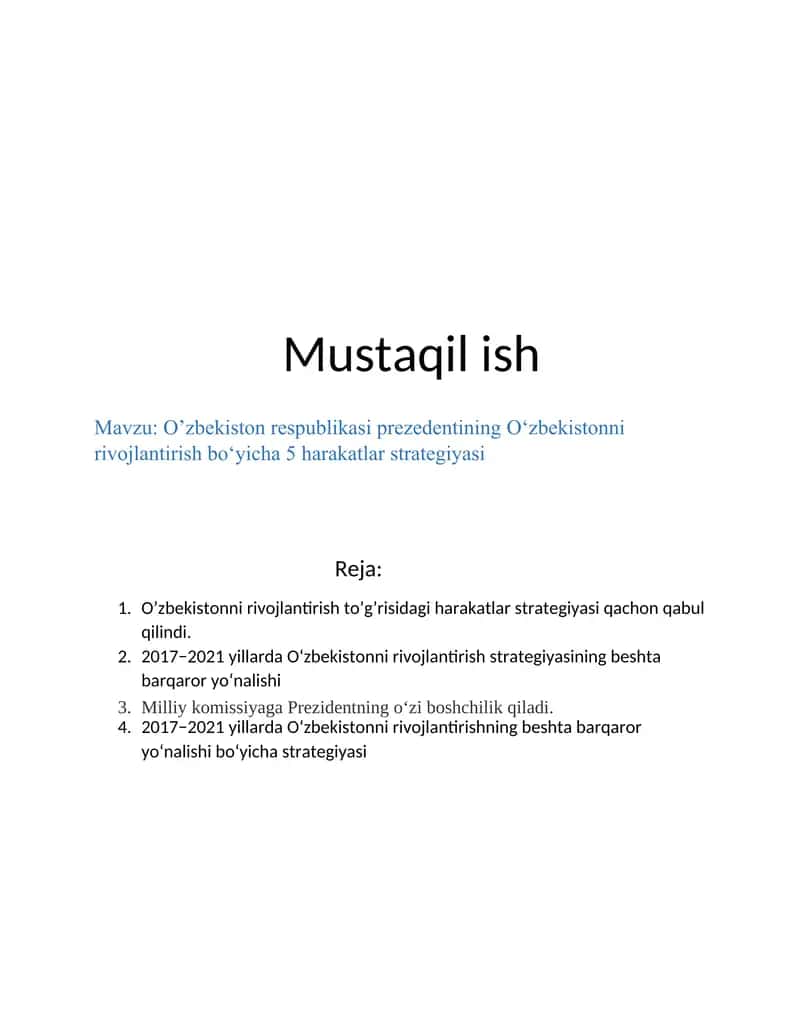 O’zbekiston respublikasi prezedentining O‘zbekistonni rivojlantirish bo‘yicha 5 harakatlar strategiyasi