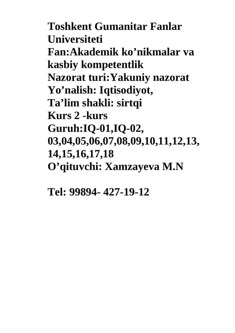 Akademik ko’nikmalar va kasbiy kompetentlik