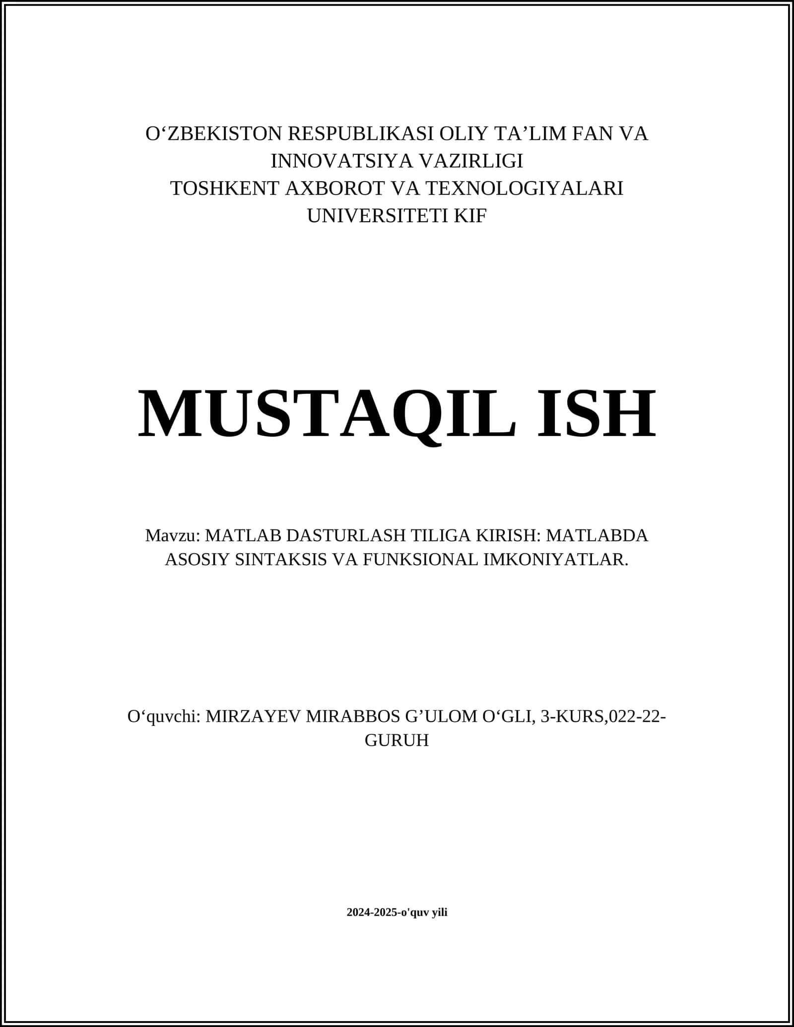 MATLAB DASTURLASH TILIGA KIRISH
