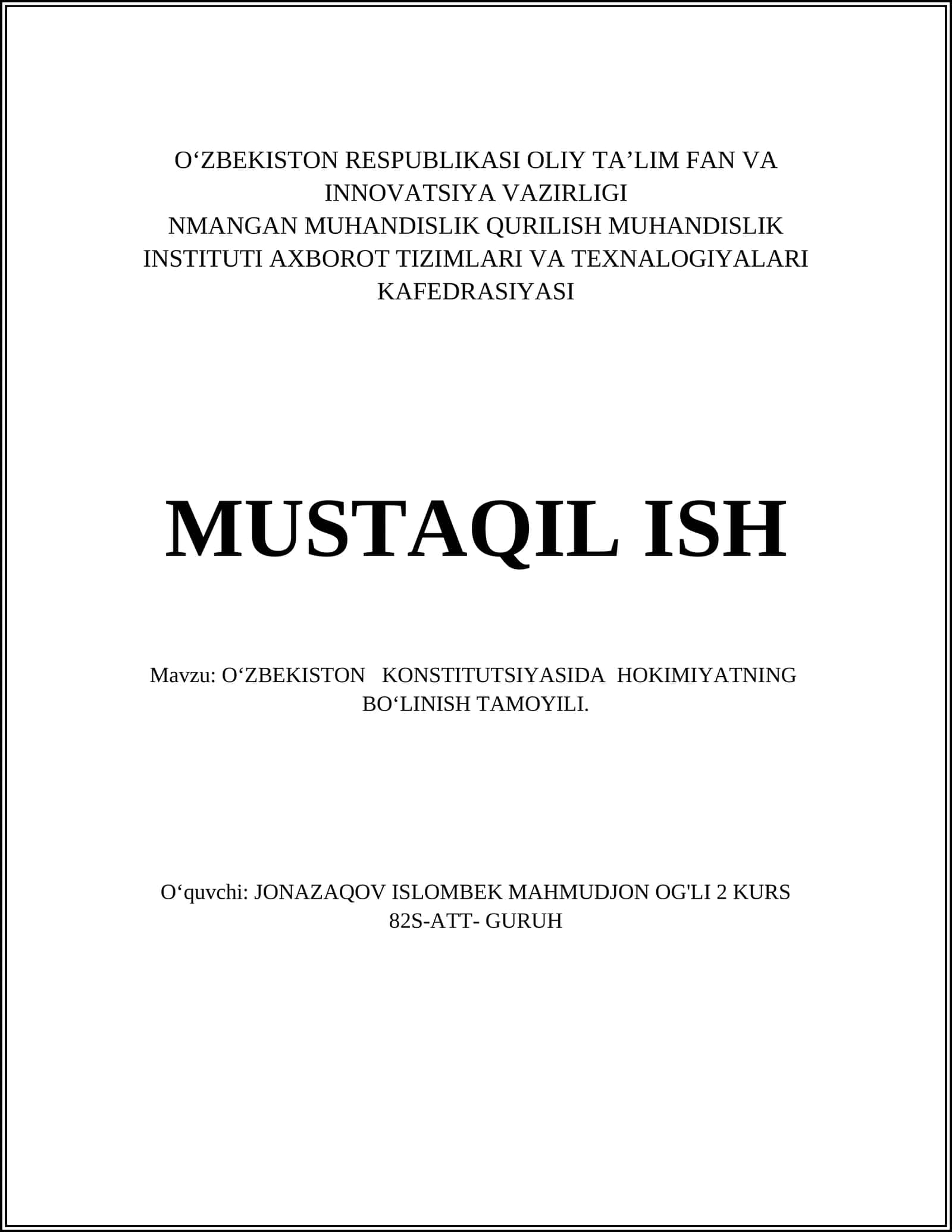 O'ZBEKISTON KONSTITUTSIYASIDA HOKIMIYATNING BO'LINISH TAMOYILI