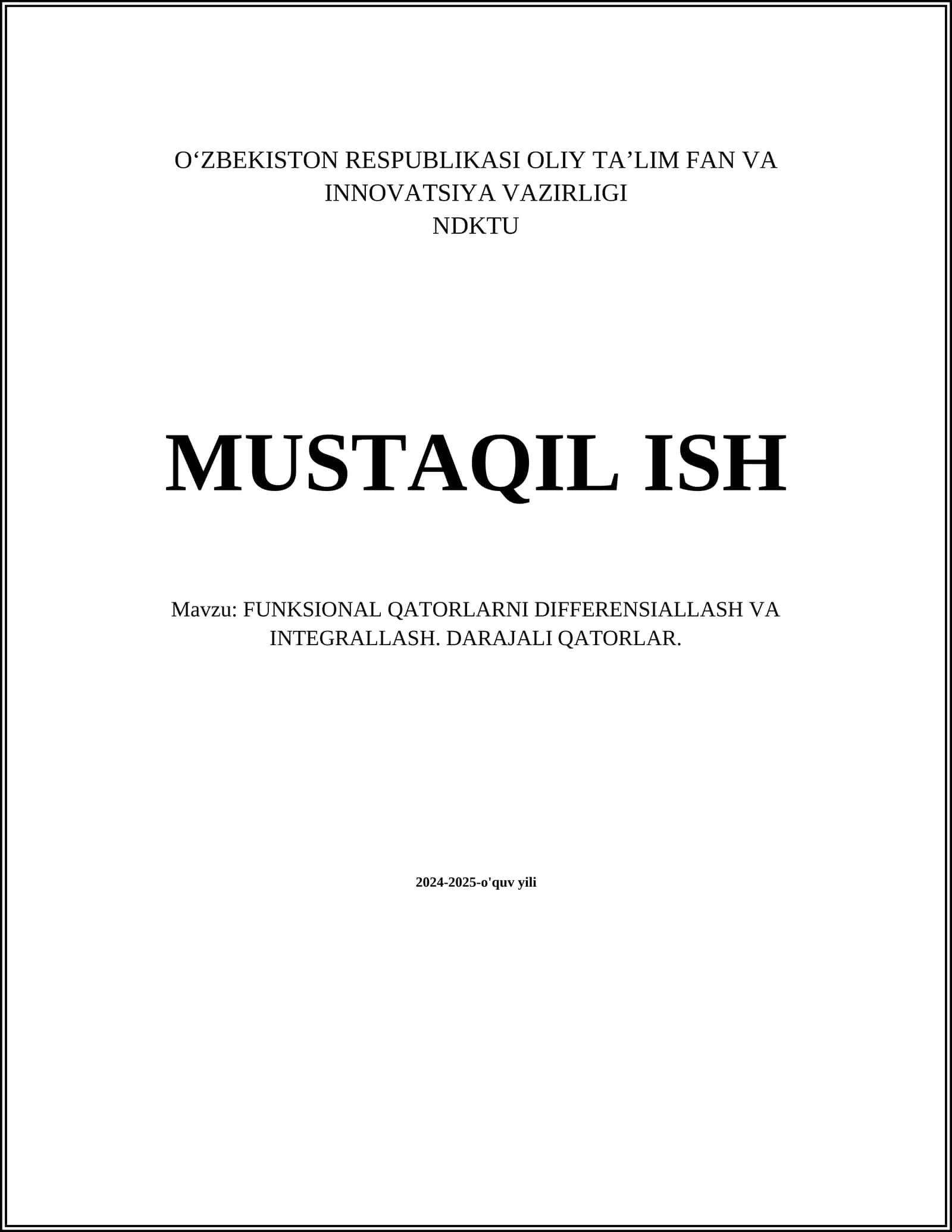 Funksional Qatorlar va Ularning Xossalari
