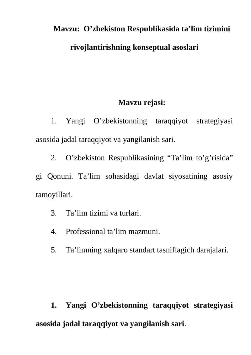 O’zbekiston Respublikasida ta’lim tizimini rivojlantirishning konseptual asoslari