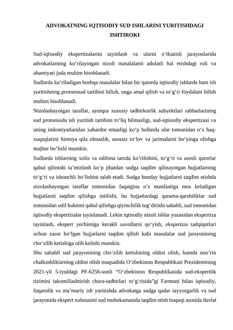 ADVOKATNING IQTISODIY SUD ISHLARINI YURITISHDAGI ISHTIROKI